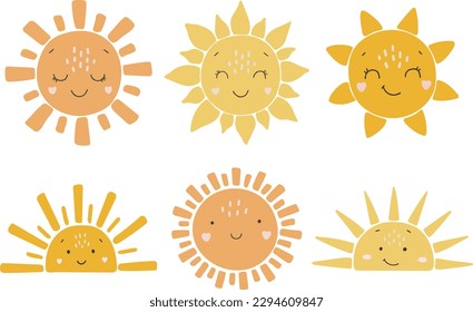 Abstract sun vector set, baby sun illustration, boho sunshine set, baby vector, children illustration, cute sun with face