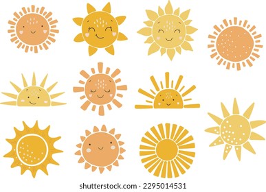 Abstract sun vector set, baby sun illustration, boho sunshine set, baby vector, children illustration, cute sun with face