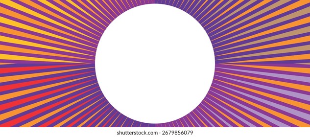 Abstract sunburst background features vibrant purple, orange, yellow, and red radial stripes converging towards a white circular area, creating dynamic visual energy