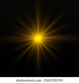 Abstract sunburst, digital flash, rainbow flare on transparent background. Shining golden stars. Light effects, glare, bokeh, glitter, explosion, yellow sun. The star burst with brilliance, vector.