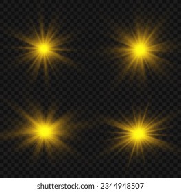 Abstrakter Sonnenbrand, digitaler Blitz, Regenbogenflare auf transparentem Hintergrund. Leuchtende goldene Sterne. Lichteffekte, Drüsen, Bokeh, Glitter, Explosion, gelbe Sonne. Der Stern platzte mit Brillanz, Vektorgrafik.