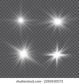 Abstract sunburst, digital flash, rainbow flare on transparent background. Light effects, glare, bokeh, glitter, explosion, white sun. The star burst with dust, vector. Shining silver stars. 