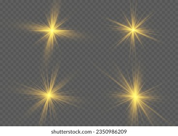 Abstract sunburst, digital flash, rainbow flare on transparent background. Shining golden stars. Light effects, glare, bokeh, glitter, explosion, yellow sun. The star burst with dust, vector.