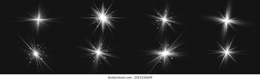 Abstract sunburst, digital flash, rainbow flare on transparent background. Light effects, glare, bokeh, glitter, explosion, white sun. The star burst with dust, vector. Shining silver stars. 