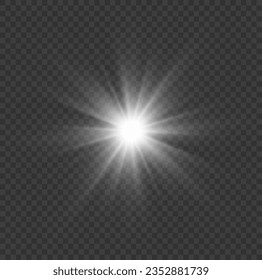 Abstract sunburst, digital flash, rainbow flare on transparent background. Light effects, glare, bokeh, glitter, explosion, white sun. The star burst with dust, vector. Shining silver stars. 