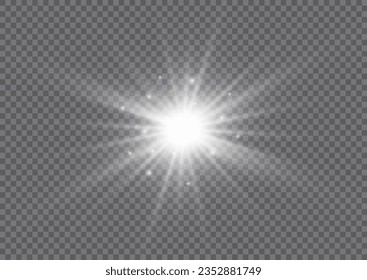 Abstrakter Sonnenbrand, digitaler Blitz, Regenbogenflare auf transparentem Hintergrund. Lichteffekte, Drüsen, Bokeh, Glitter, Explosion, weiße Sonne. Der Stern platzte mit Staub, Vektorgrafik. Silbersterne leuchten. 
