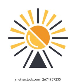 Abstraktes Sonnenburst-Symbol mit einer Linse und Strahlen in Gelb, Orange und Dunkelgrau.