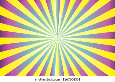 Abstract sunburst pattern, gradient yellow, violet (purple, magenta), green, blue ray colors. Vector illustration, EPS10. Use as background, backdrop, image montage, mock up template, etc.
