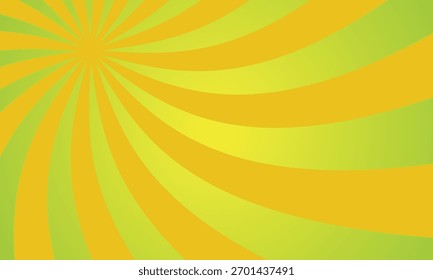 Abstract sunburst pattern with swirling yellow and orange rays on a gradient green background