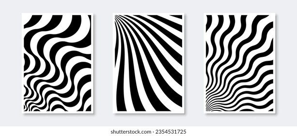 Abstract sunburst posters collection. Wavy sun beams elements set. Black and white monochrome wave templates for cover, banner, invitation, flyer. Optical art wallpaper pack. Vector