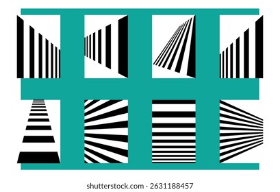 Abstract sunburst posters collection with wavy sunbeam elements in black and white. Monochrome optical art set ideal for covers, banners, flyers, invitations, and modern minimalist graphic 