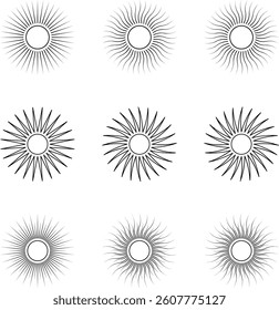 abstract sunburst radial line designs. Geometric circular sun ray patterns, perfect for logos, backgrounds, decorative elements, and branding.