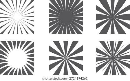 Abstractas rayos radiales de sol en estilo monocromo. Los rayos de luz geométricos dinámicos irradian desde el centro para los fondos modernos. Perfecto para carteles, diseños retro, logotipos y composiciones gráficas.