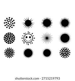 Abstrato Ícones de forma de explosão solar conjunto vetor, coleção circular Spiky símbolos geométricos, elementos radiais decorativos, preto e branco design mínimo