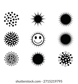 Abstrato Ícones de forma de explosão solar conjunto vetor, coleção circular Spiky símbolos geométricos, elementos radiais decorativos, preto e branco design mínimo