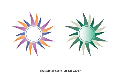 Abstract sunburst star logo set with colorful gradient rays in purple, orange, blue, and green. Modern vector illustration for branding, summer, energy, nature, creative design, and decorative project
