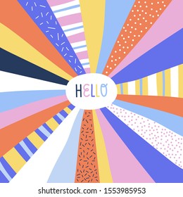 Abstract sunburst stripe ray colorful rainbow doodle vector illustration with text frame. Funny cartoon colorful background template for your design. 