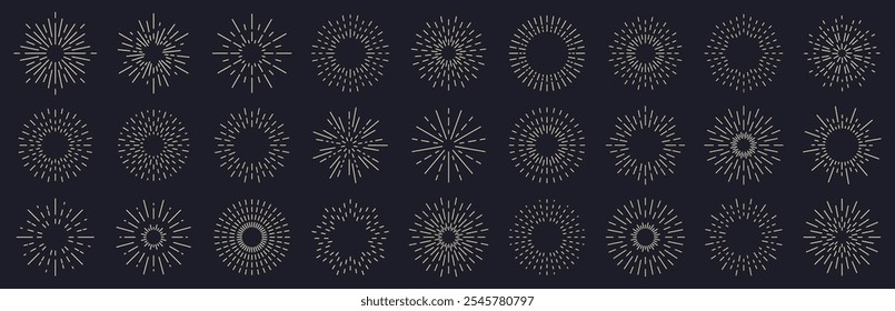 Abstract sunburst or sunbeam line icons. Set of linear sunburst hand drawn