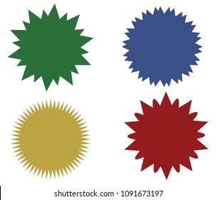 Abstract sunburst vector badges set, colorful pricetags. Isolated, on white background