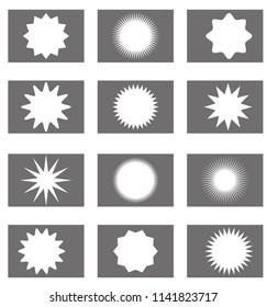 Abstract sunburst vector badges set. Isolated, on grey background