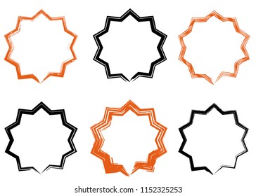 Abstract sunburst vector badges set. Dry brush painting strokes. Isolated, on white background