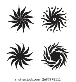 Abstract Sunburst Vector Set Stylized Flame And Spiral Designs for Tattoos Logos And Graphic Art