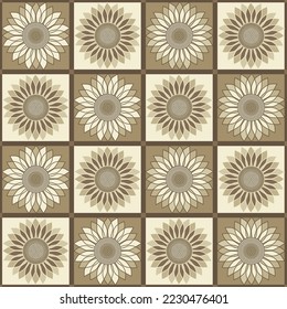 Abstract sunflower checkered seamless pattern texture in pastel copper shades. Vector illustration is perfect for textile, stationery, wallpaper, packaging, home and garden decor. Surface pattern