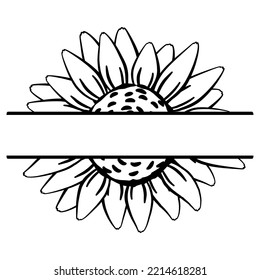 Abstract sunflower flower with a gap. Monogram in form of flower to insert name or surname. Family farmhouse logo. Outline contour drawing. Doodle sketch style. Floral split monogram. Tag, label, icon