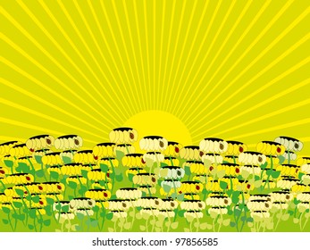 abstract sunflower frame with green leaves