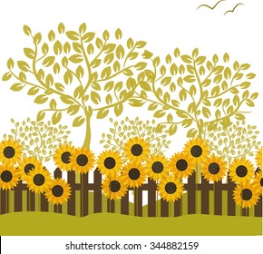 Abstract sunflower garden with trees background and fence, vector 