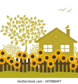 Abstract sunflower garden with trees background and fence, vector. Province house