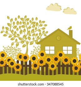 Abstract sunflower garden with trees background and fence, vector. Province house
