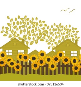 Abstract sunflower garden with trees background and fence, vector. Province house