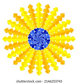 Abstract sunflower of heart shapes vector illustration. Ukrainian flower in national flag blue yellow colors. Sunflower freedom Ukrainian victory flower, penals made of hearts. Agriculture oil plant.
