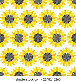 Abstract sunflower of heart shapes vector seamless pattern. Sunflower freedom Ukrainian victory flower, penals made of hearts. Agriculture oil plant.