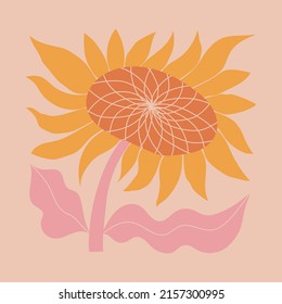 Abstract Sunflower Poster In Groovy Trippy Funky Style. Organic Flower Shapes Aesthetic Wall Art In Trendy Pink Pallete. Curvy Psychedelic Summer Floral Decoration.