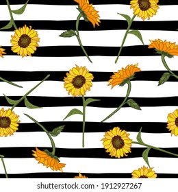 Abstract sunflower seamless pattern on striped background