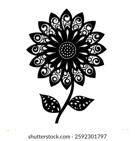 Abstract sunflower Silhouette vector with intricate patterns and swirls on white background