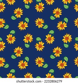 Abstract sunflowers on a blue background. Doodle seamless pattern. Hand draw vector floral design.
  