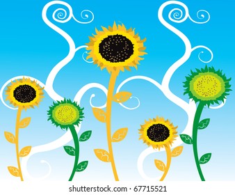 Abstract sunflowers vector Illustration blue sky orange yellow green red white lines