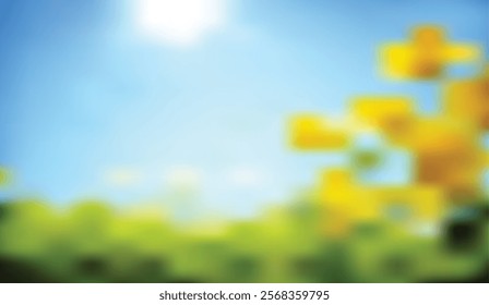 Abstract Sunny Day With Hints of Yellow Flowers and Greenery Against a Clear Blue Sky Creating a Relaxing and Peaceful Spring Scene