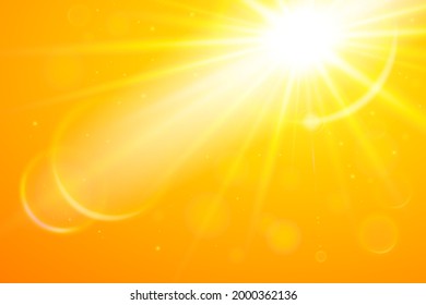 Abstract sunny sky. Realistic banner bright orange sky with bokeh summer sun. Vector background of daytime sunny desert sky.