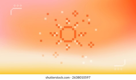 Abstract sunny summer horizontal gradient background with pixel 8 bit style sun. Vector texture in red, orange and yellow. Sunburst pattern. Sun, rays. Hot sunny day bright wide banner, header, cover