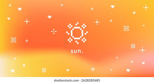 Abstract sunny summer sky gradient background with pixel sun and sparkle elements. Heat wave vector texture in red, orange and yellow. Sunburst pattern. Sun, rays. Hot sunny day bright wide banner