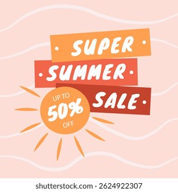 Abstract sunny summer super sale banner in bright colors with discount text. Season promotion vector illustration.