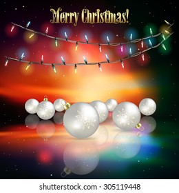 Abstract sunrise background with Christmas lights and decorations