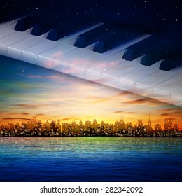 abstract sunrise background with silhouette of New York and piano keys