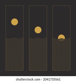 Abstract sunrise contemporary aesthetic vector set with sunrise and geometric waves. Black and gold colors. Mid century modern minimalist art wall decor. Simple lines design. 