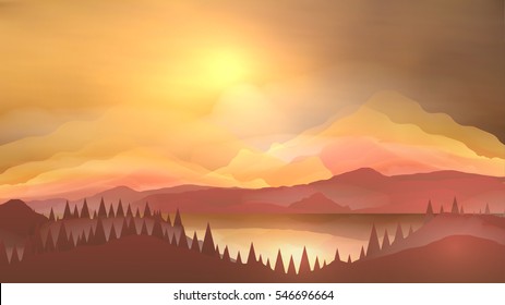 Abstract Sunrise Mountains with Lake and Pine Forest - Vector Illustration