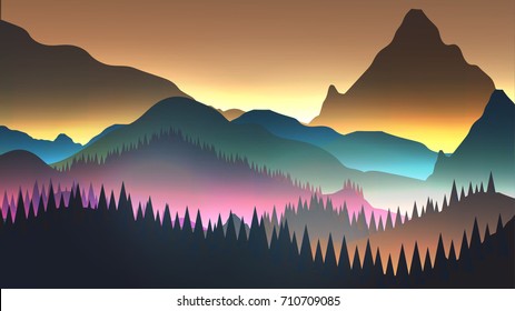 Abstract Sunrise Mountains with Lake and Pine Forest - Vector Illustration